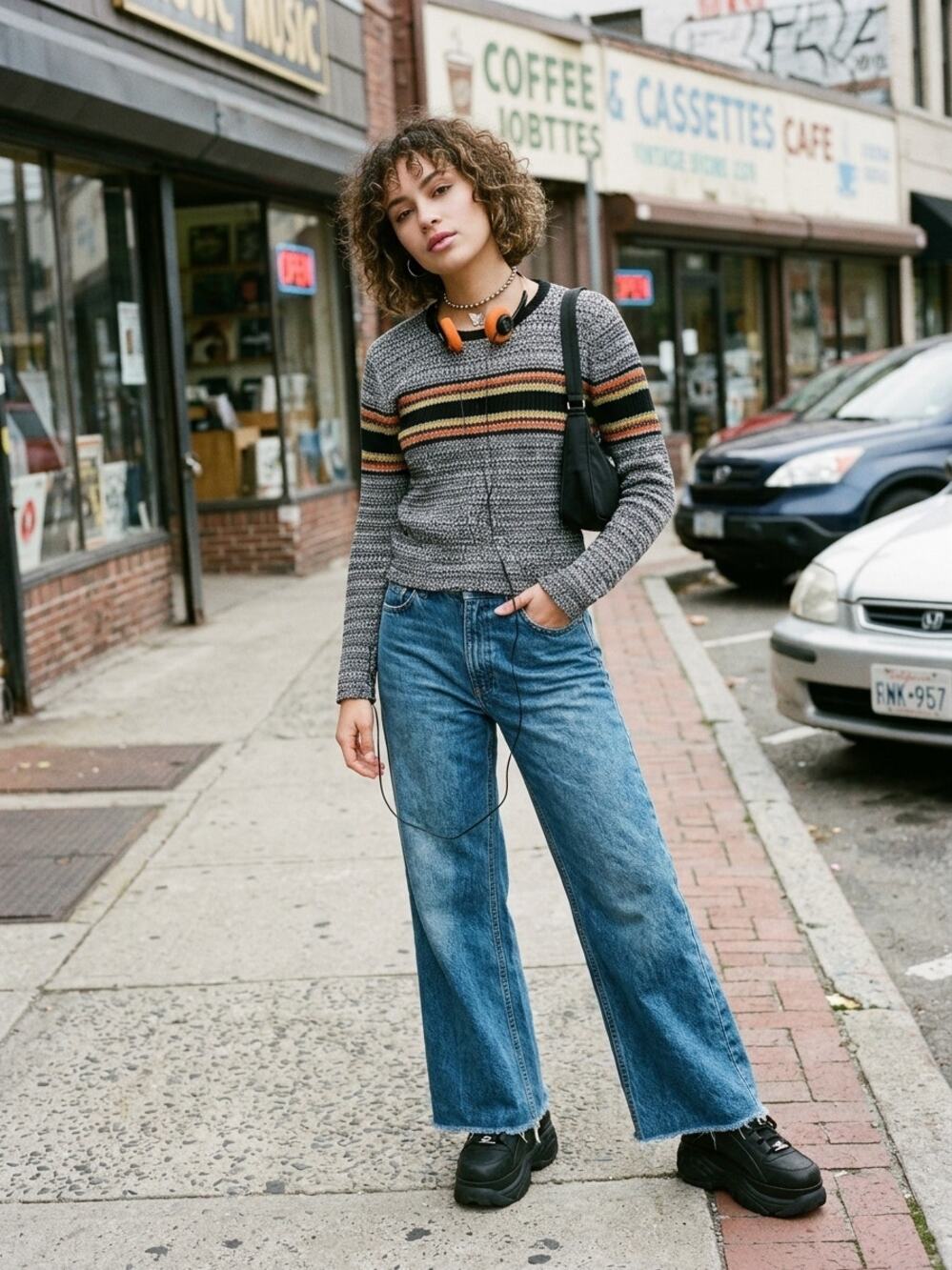 Vintage 90s Basic Editions Striped Marled Orange Yellow Top M Grunge G0078